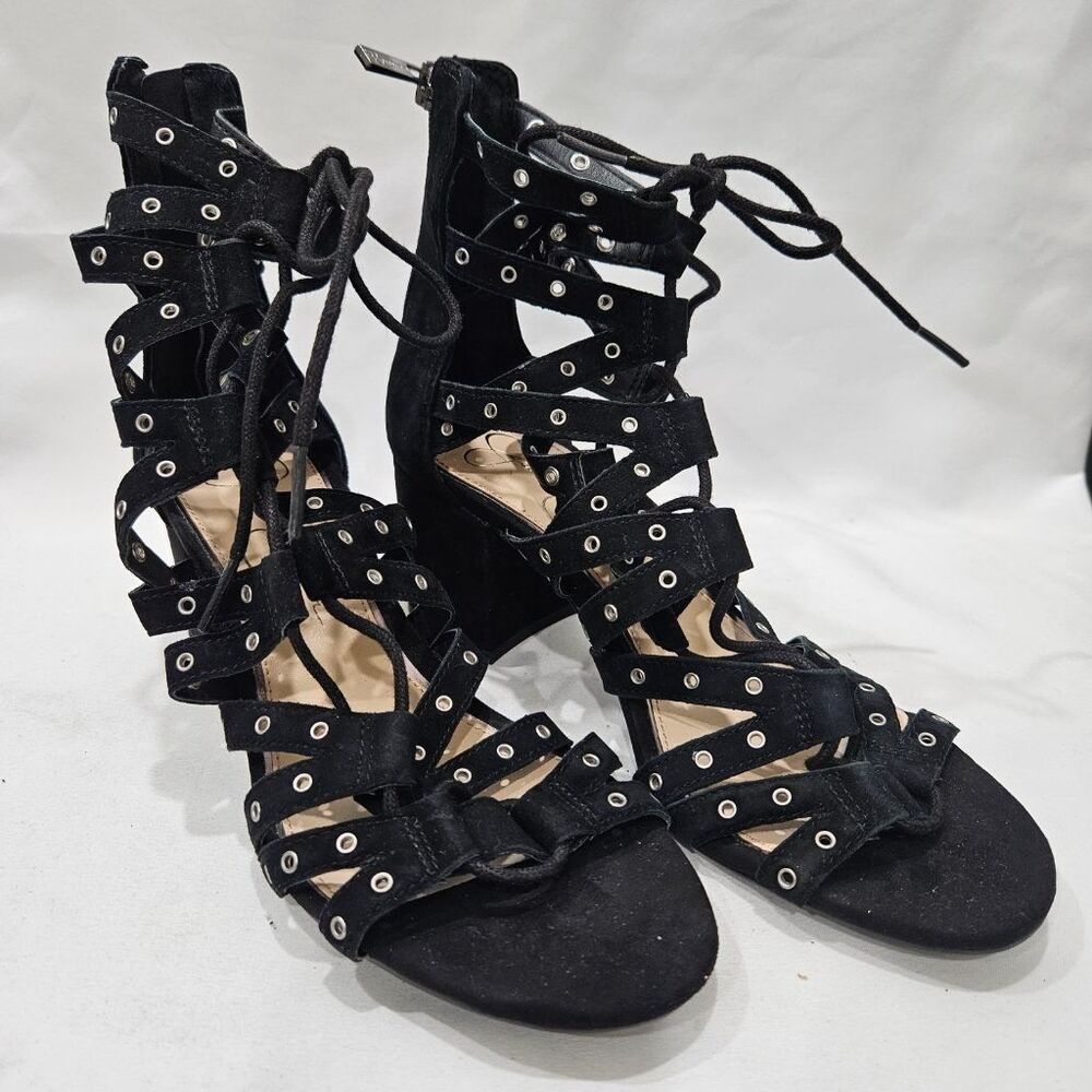 Jessica Simpson Black Suede Gladiator Lace Up Grommet Block Heel Sandals